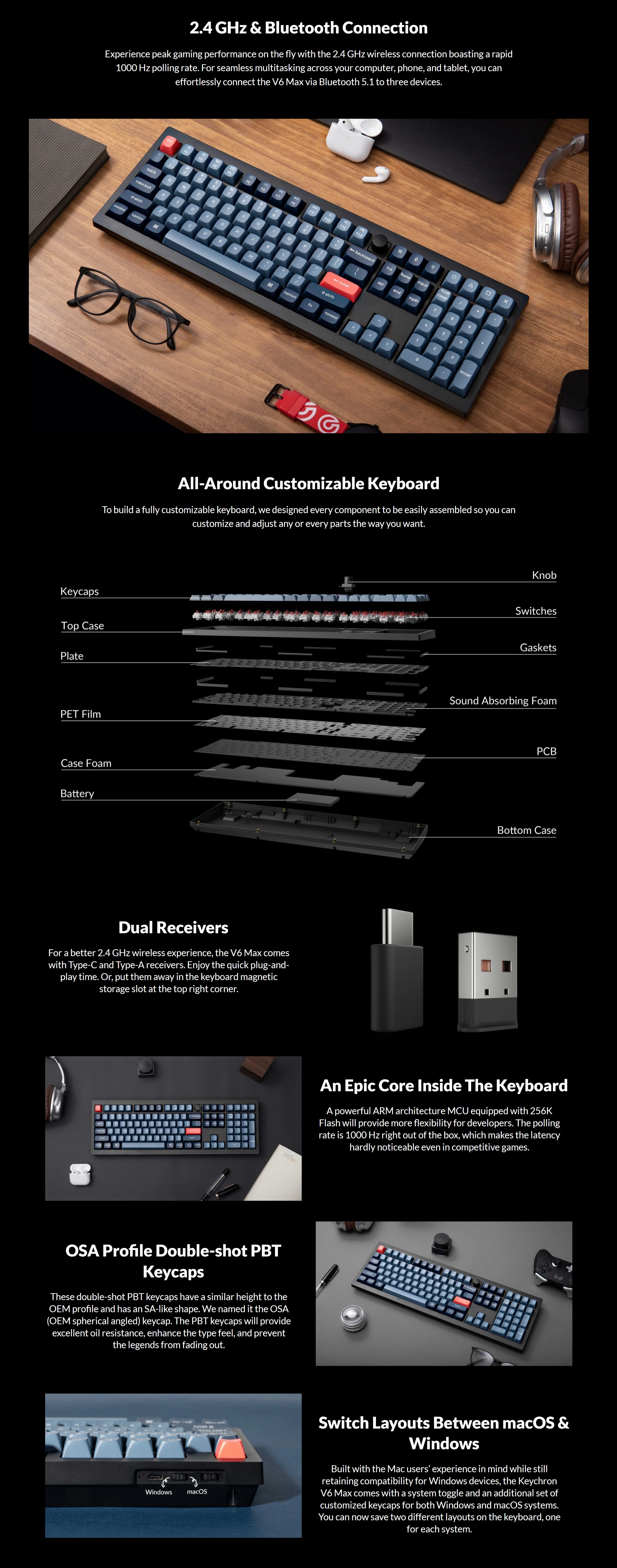 A large marketing image providing additional information about the product Keychron V6 Max - Fullsize QMK/VIA Wireless Custom Mechanical Keyboard - Retro Grey (Gateron Jupiter Red Switch) - Additional alt info not provided